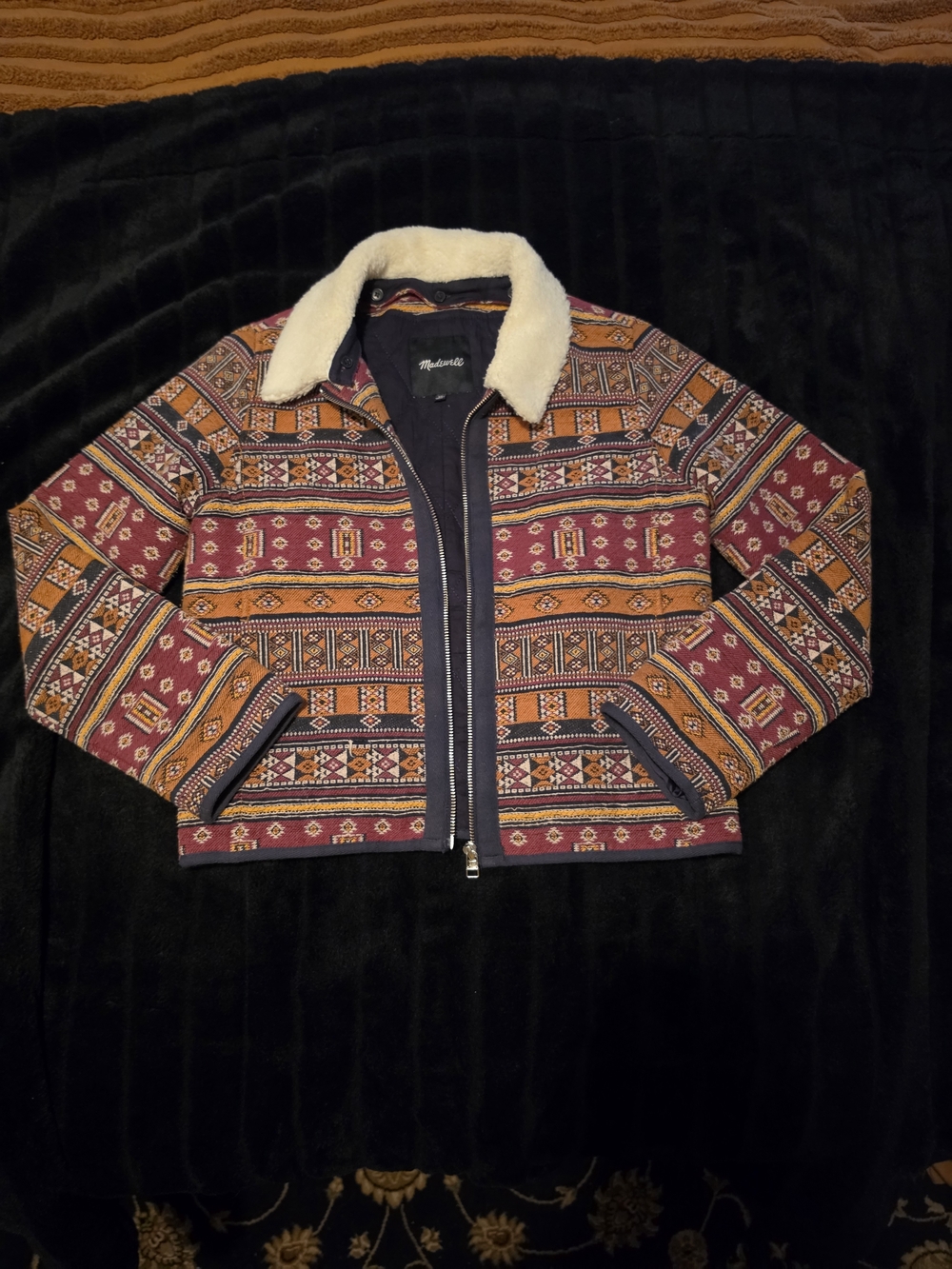 Madewell Sherpa-Collar Patterned Bomber Jacket in Burgundy & Mustard